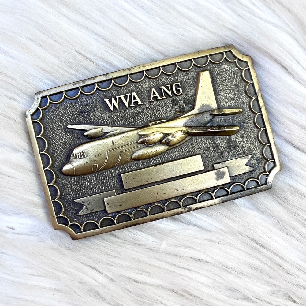 VINTAGE West Virginia Air National Guard C130 Hercules Jet Brass Belt Buckle